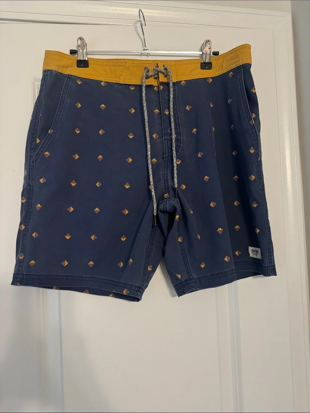 NWOT! Katin Navy Swim Trunks with Mustard Waistband and Subtle Diamond Print